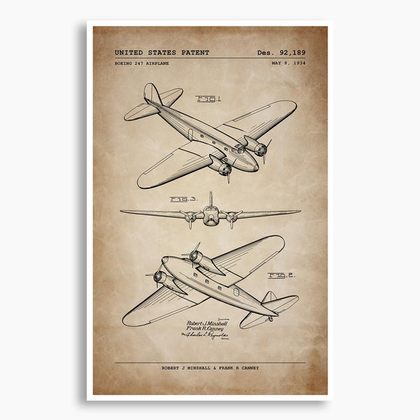 Boeing 247 Passenger Aircraft Patent Poster; Patent Artwork
