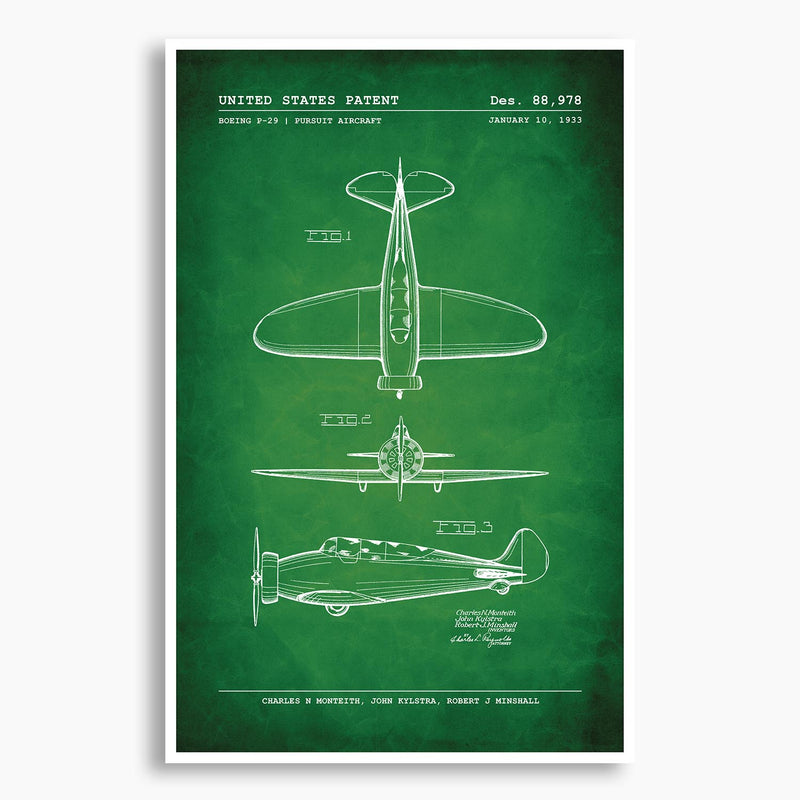 Boeing P-29 Fighter Aircraft Patent Poster; Patent Artwork
