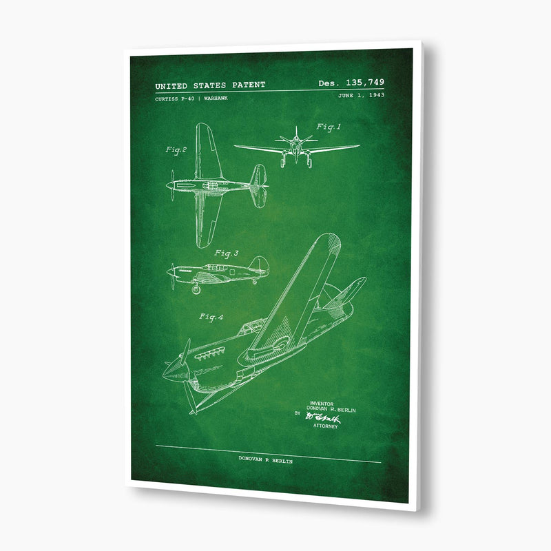 Curtiss P-40 Warhawk Aircraft Patent Poster; Patent Artwork
