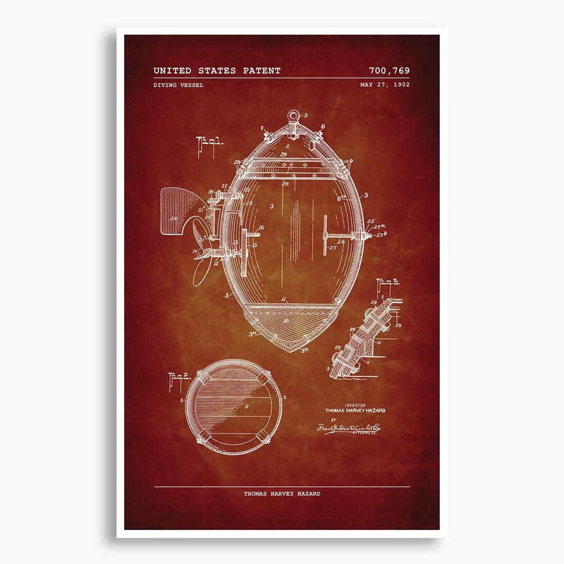 Diving Vessel Patent Poster; Patent Artwork, Antique Parch,ent
