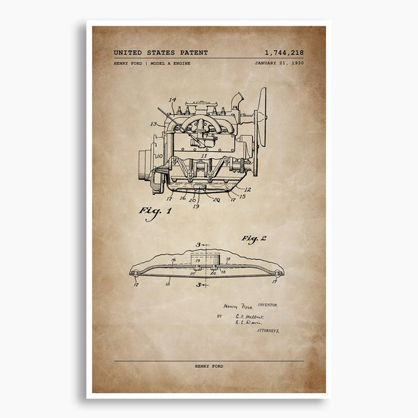 Henry Ford Model A Engine Patent Poster; Patent Artwork