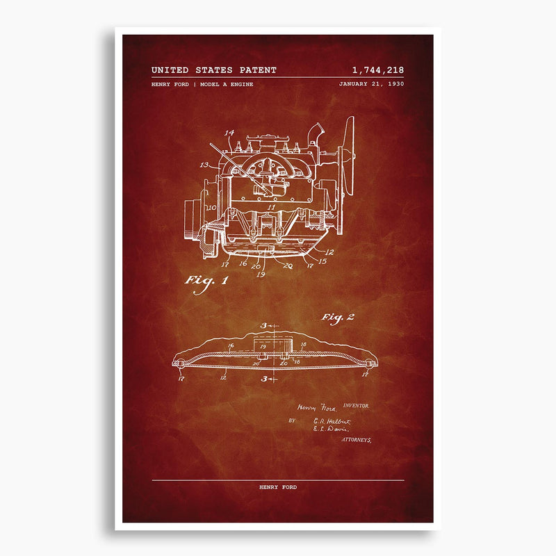 Henry Ford Model A Engine Patent Poster; Patent Artwork