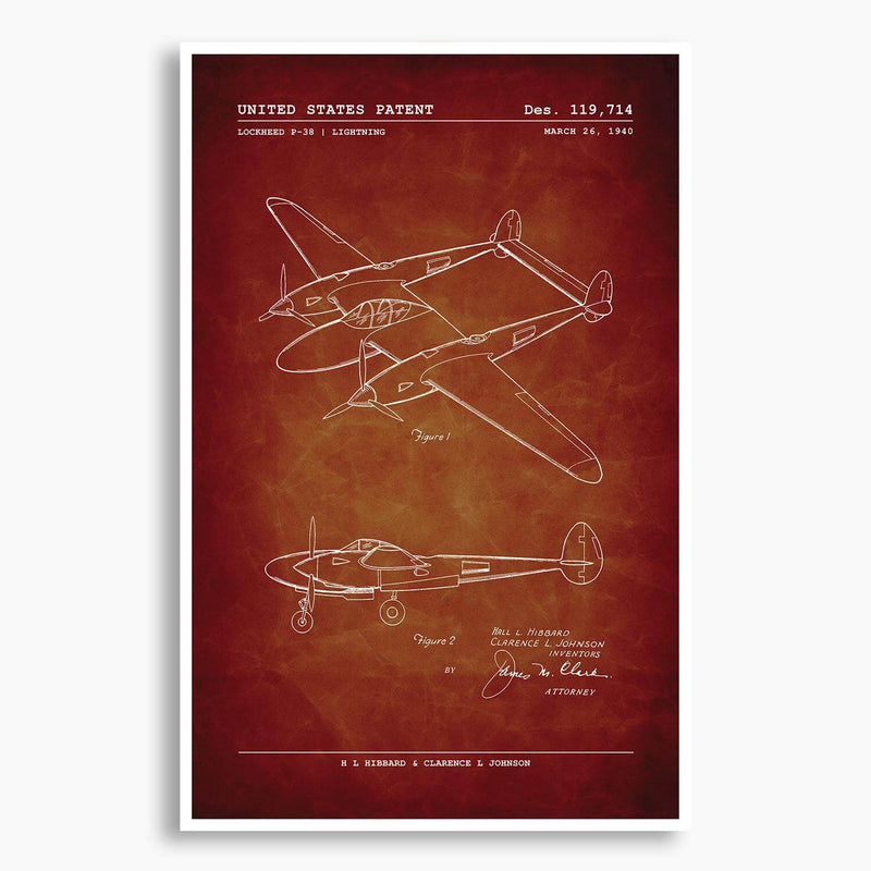 Lockheed P-38 Lightning Patent Poster; Patent Artwork