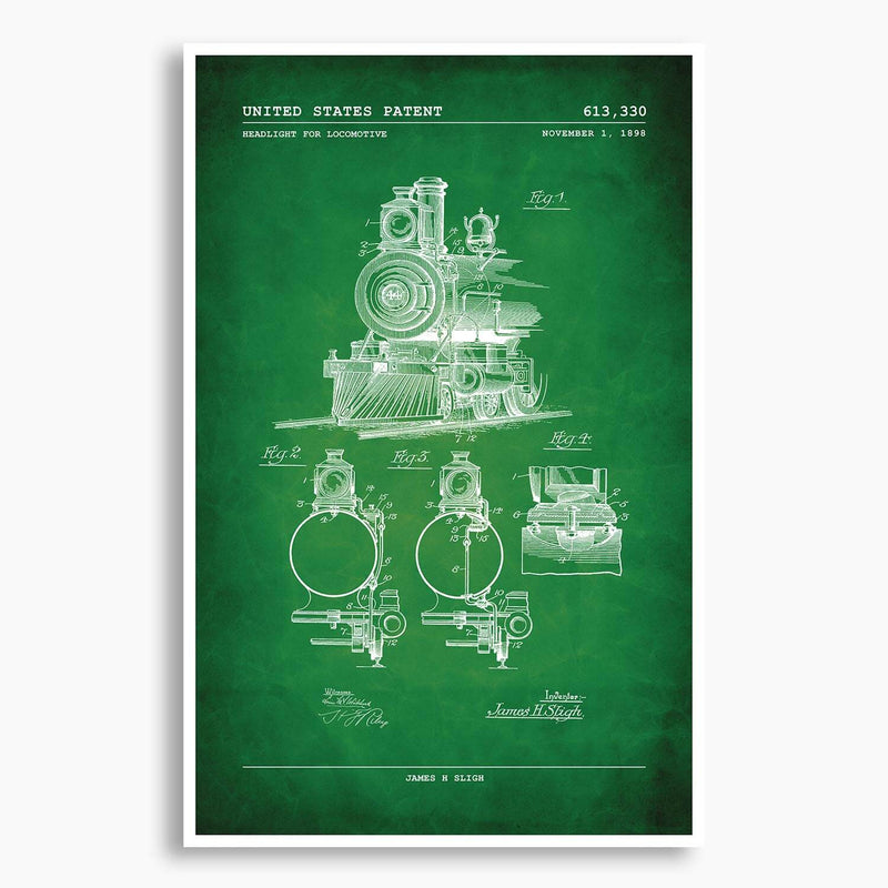 Train Locomotive Headlight Patent Poster; Patent Artwork