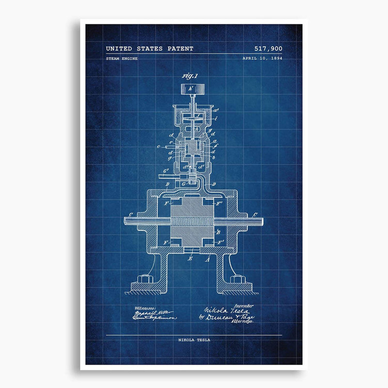 Tesla Steam Engine Patent Poster; Patent Artwork